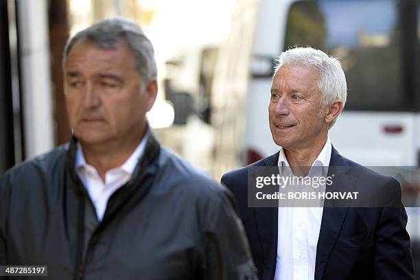 Businessmen Michel Carasco and Jean Trapani arrive at the courthouse in Marseille, on April 29 to be heard as part of an investigation on Alexandre...