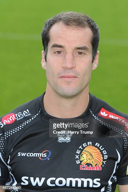 Exeter Chiefs Haydn Thomas poses during the photocall at Sandy Park on September 8, 2015 in Exeter, England.