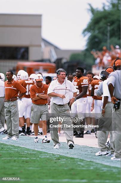 Mack Brown of the Texas Longhorns looks on against the North Carolina Tar Heels on September 8, 2001.