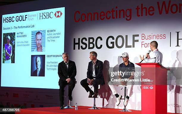 Matteo Manassero of Italy joins speakers on stage to address the 2014 HSBC Golf Business Forum at The Westin Hotel at Abu Dhabi Golf Club on April...