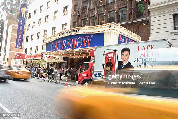 Fans line up under the new marquis for the first taping of "The Late Show With Stephen Colbert" on September 8, 2015 in New York City.