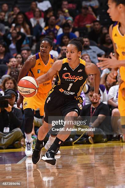 Brianna Kiesel of the Tulsa Shock handles the ball against the Los Angeles Sparks at STAPLES Center on September 06, 2015 in Los Angeles, California....