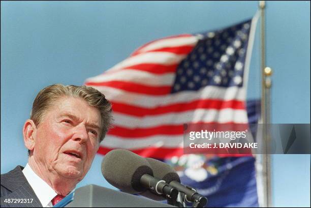 President Ronald Reagan shown in file photo dated 04 November 1991 giving a speech at the dedication of the library bearing his name in Simi Valley,...