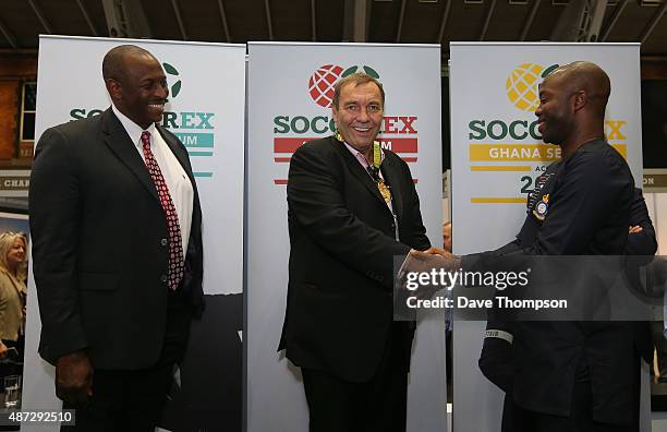 Duncan Revie, CEO of Soccerex, centre, Herbert Mensah, president of the Ghana Rugby Association, left, and Chief Nana Gyambibi Kwasi Boachie...