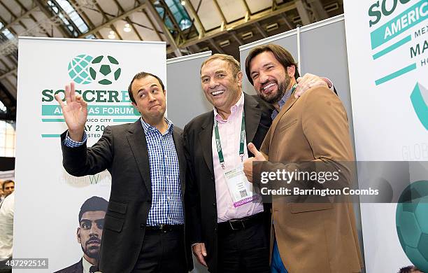 Rodrigo Lopez, Duncan Revie and former Mexican striker Francisco 'Kikin' Fonscea following the announcement that Soccerex will hold an Americas Forum...