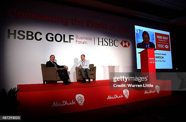 Peter Dawson, Chief Executive of The R&A speaks after being awarded with a special Lifetime Achievement Award by Matteo Manassero of Italy during the...