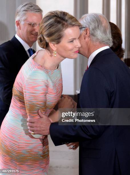 Official visit of Belgian Sovereigns to Sweden on April 29, 2014 in Stockholm, Sweden. Queen Mathilde and King Philippe pictured with King Carl...