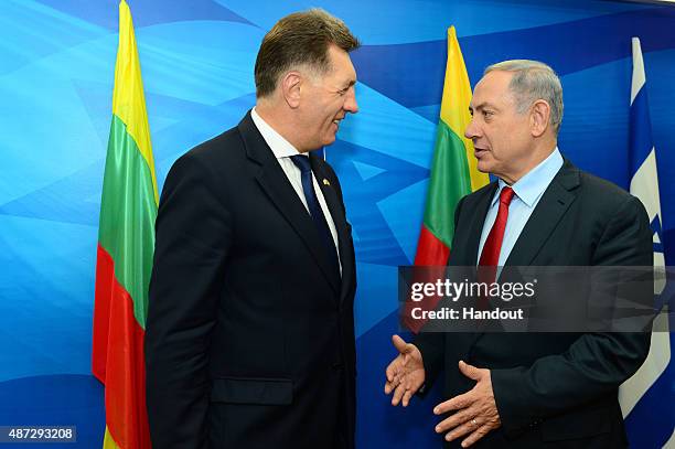 In this handout image provided by GPO, Prime Minister Benjamin Netanyahu meets with Lithuanian Prime Minister, Algirdas Butkevicius on September 08,...