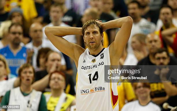 Dirk Nowitzki of Germany reacts during the FIBA EuroBasket 2015 Group B basketball match between Germany and Turkey at Arena of EuroBasket 2015 on...