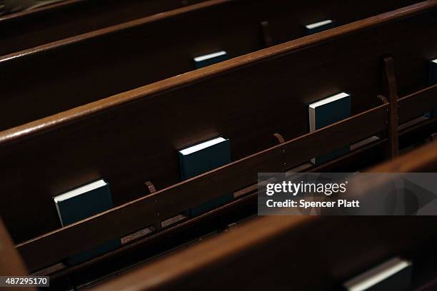 Bibles are viewed at St. Patrick's Cathedral, the seat of the Roman Catholic Archdiocese of New York, on September 8, 2015 in New York City. Just in...