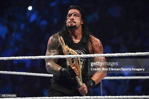 Roman Reigns looks on during the WWE Smackdown on September 1, 2015 at the American Airlines Arena in Miami, Florida.