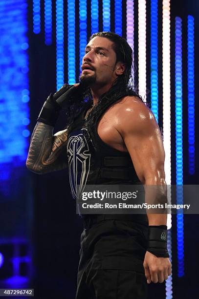 Roman Reigns looks on during the WWE Smackdown on September 1, 2015 at the American Airlines Arena in Miami, Florida.