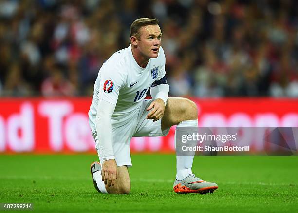 Wayne Rooney of England reacts during the UEFA EURO 2016 Group E qualifying match between England and Switzerland at Wembley Stadium on September 8,...