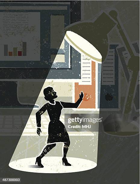 desktop, computer, lamp,  and tiny businesswoman in the spotlight - actor stock illustrations