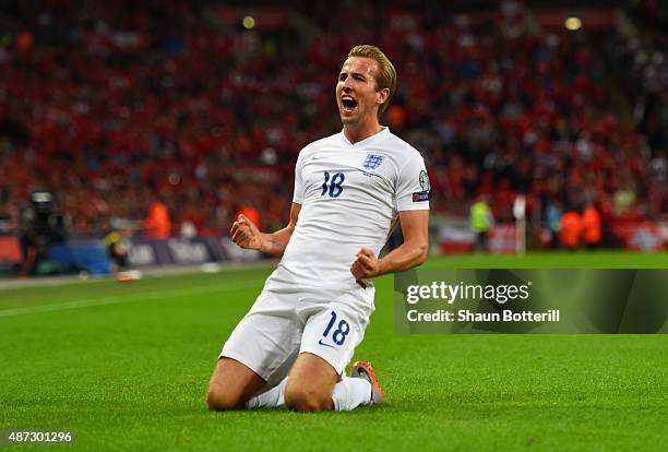 Harry Kane of England celebrates scoring the first goal during the UEFA EURO 2016 Group E qualifying match between England and Switzerland at Wembley...