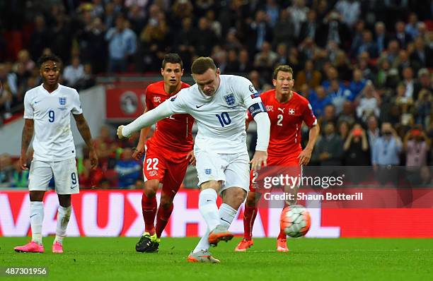 Wayne Rooney of England scores their second goal from the penalty spot during the UEFA EURO 2016 Group E qualifying match between England and...