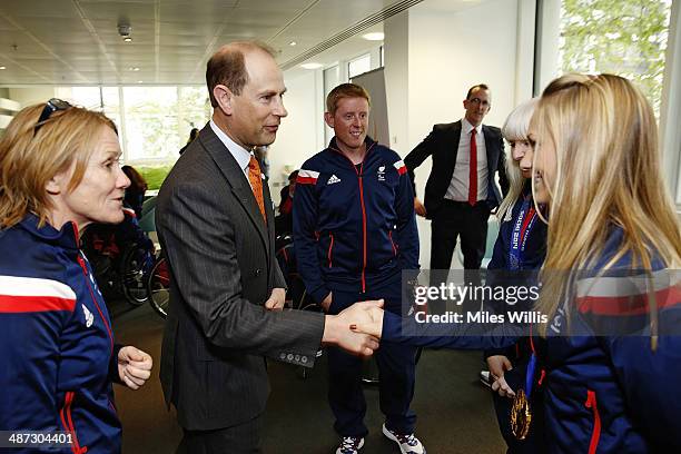 Prince Edward, Earl of Wessex meets ParalympicsGB athlete Charlotte Evans at a gathering to celebrate their performances at the Sochi 2014 Winter...