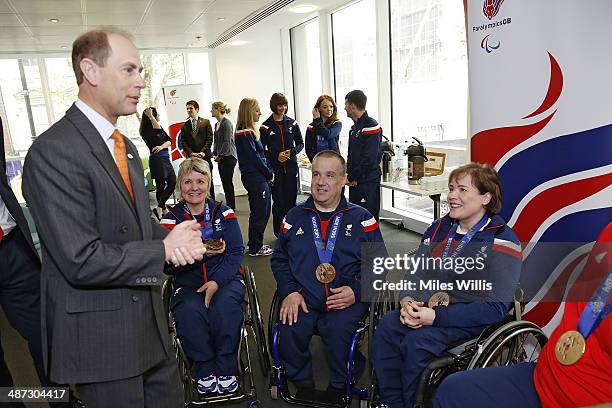 Prince Edward, Earl of Wessex meets ParalympicsGB curling athletes Angela Malone, Robert McPherson and Aileen Neilson at a gathering to celebrate...