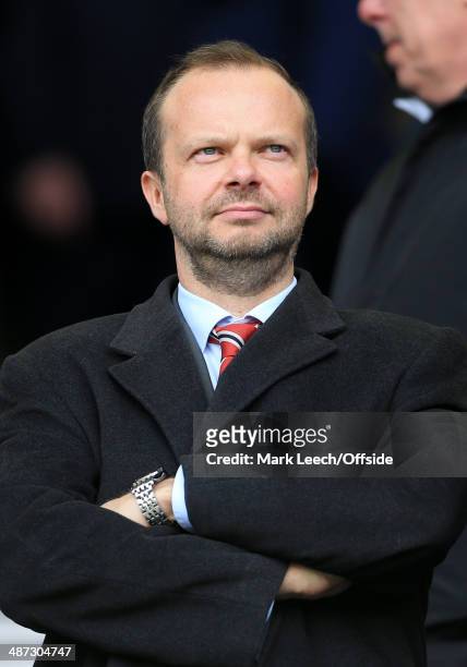Man Utd Chief Executive Ed Woodward looks on prior to the Barclays Premier League match between Everton and Manchester United at Goodison Park on...