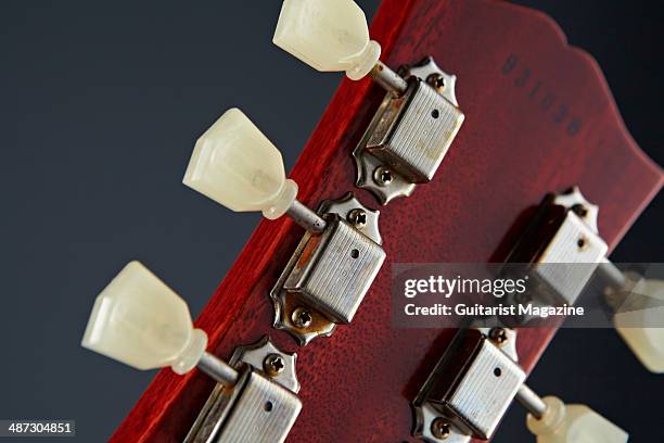 Detail of the Kluson Deluxe tuners on a 2013 Gibson Custom 1959 Les Paul Standard Reissue electric guitar, taken on August 5, 2013.