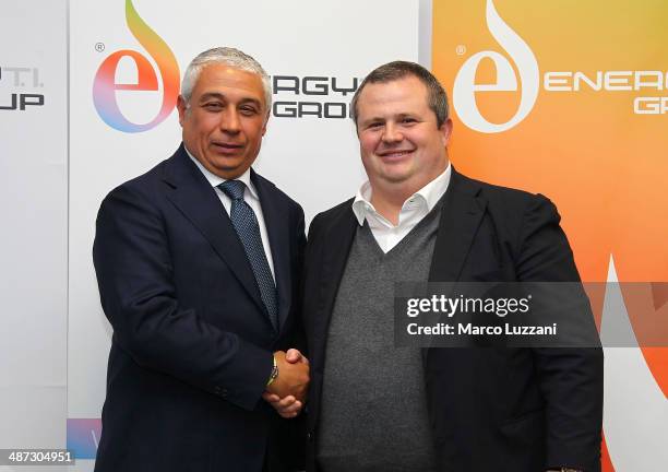 General Manager Energy T.I. Group Roberto Giuli and Parma FC President Tommaso Ghirardi pose for a photo during a press conference to announce their...