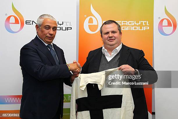 General Manager Energy T.I. Group Roberto Giuli and Parma FC President Tommaso Ghirardi pose for a photo during a press conference to announce their...