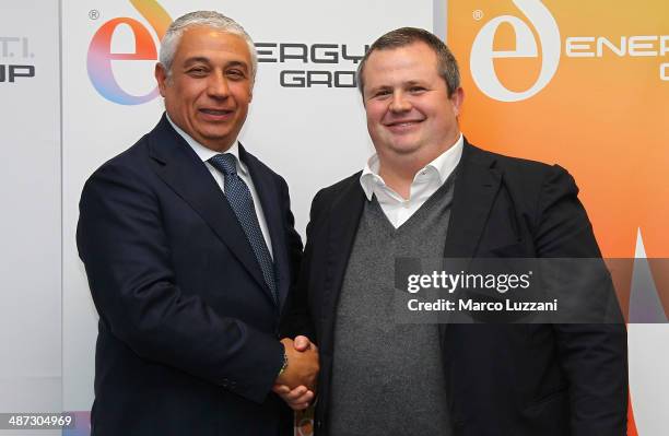 General Manager Energy T.I. Group Roberto Giuli and Parma FC President Tommaso Ghirardi pose for a photo during a press conference to announce their...