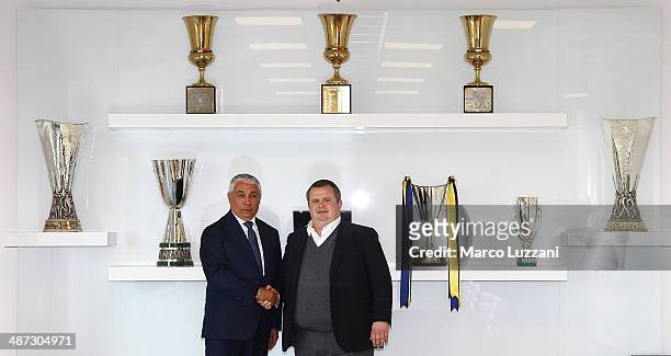 General Manager Energy T.I. Group Roberto Giuli and Parma FC President Tommaso Ghirardi pose for a photo during a press conference to announce their...