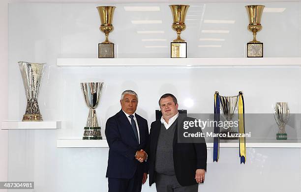 General Manager Energy T.I. Group Roberto Giuli and Parma FC President Tommaso Ghirardi pose for a photo during a press conference to announce their...