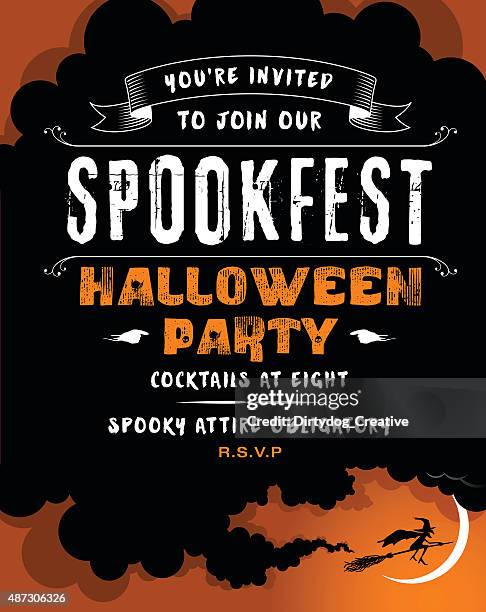 halloween party invite with a witch on her broomstick - grunge moon stock illustrations