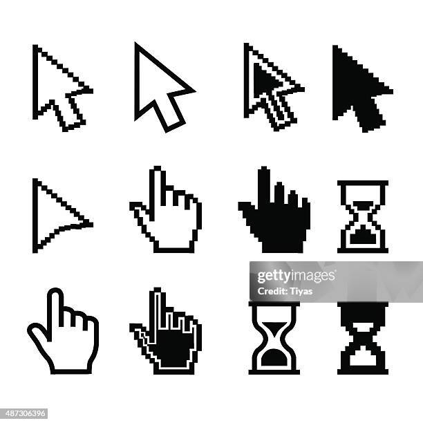 ilustraciones, imágenes clip art, dibujos animados e iconos de stock de pixel ratón cursor cursores iconos de mano cursor reloj de arena-ilustración - hand click icon pixel