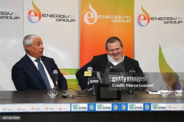 General Manager Energy T.I. Group Roberto Giuli and Parma FC President Tommaso Ghirardi attend a press conference to announce their partnership, as...