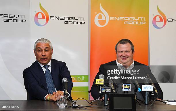 General Manager Energy T.I. Group Roberto Giuli and Parma FC President Tommaso Ghirardi attend a press conference to announce their partnership, as...