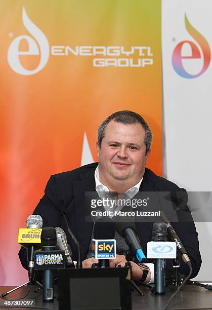 Parma FC President Tommaso Ghirardi speaks to the media during a press conference to announce the club's partnership with Energy T.I. Group, who will...