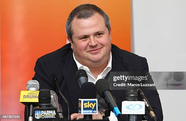 Parma FC President Tommaso Ghirardi speaks to the media during a press conference to announce the club's partnership with Energy T.I. Group, who will...