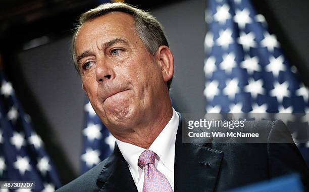 Speaker of the House John Boehner answers questions during a press conference April 28, 2014 in Washington, DC. Boehner and other Republican House...