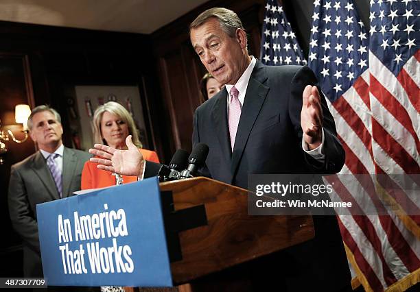 Speaker of the House John Boehner answers questions during a press conference April 28, 2014 in Washington, DC. Boehner and other Republican House...