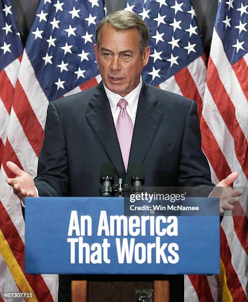 Speaker of the House John Boehner answers questions during a press conference April 28, 2014 in Washington, DC. Boehner and other Republican House...