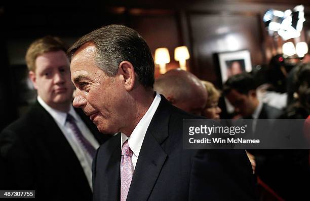 Speaker of the House John Boehner departs a press conference April 28, 2014 in Washington, DC. Boehner and other Republican House leaders met for...