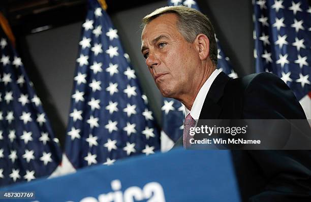 Speaker of the House John Boehner answers questions during a press conference April 28, 2014 in Washington, DC. Boehner and other Republican House...