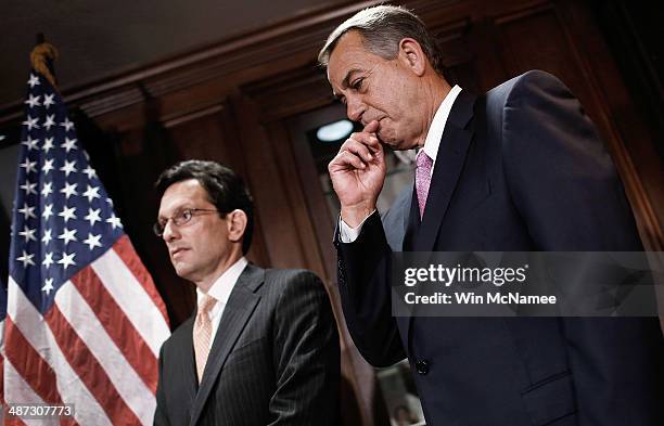 Speaker of the House John Boehner and House Majority Leader Eric Cantor answer questions during a press conference April 28, 2014 in Washington, DC....