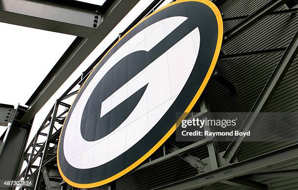 Green Bay Packers logo inside Lambeau Field, home of the Green Bay Packers football team on August 31, 2015 in Green Bay, Wisconsin.