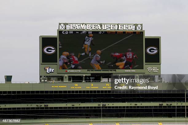 Retired numbers of former players are displayed at the North End of Lambeau Field, home of the Green Bay Packers football team on August 31, 2015 in...