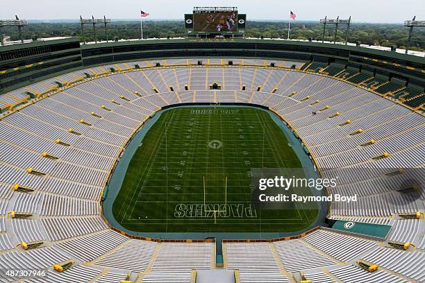 Green Bay Packers playing field at Lambeau Field, home of the Green Bay Packers football team on August 31, 2015 in Green Bay, Wisconsin.