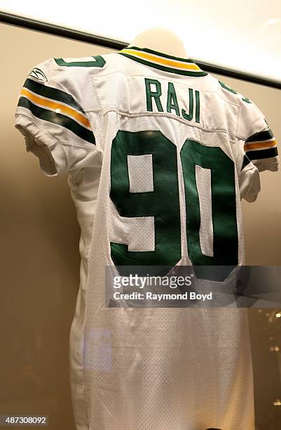 Raji's January 23, 2011 game worn jersey is encased and on display inside the Green Bay Packers 'Hall Of Fame', inside the Lambeau Field atrium on...