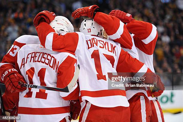 Pavel Datsyuk of the Detroit Red Wings celebrates a goal against the Boston Bruins in Game Five of the First Round of the 2014 Stanley Cup Playoffs...