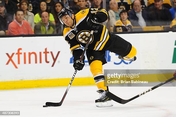 Jarome Iginla of the Boston Bruins shoots the puck against the Detroit Red Wings in Game Five of the First Round of the 2014 Stanley Cup Playoffs at...