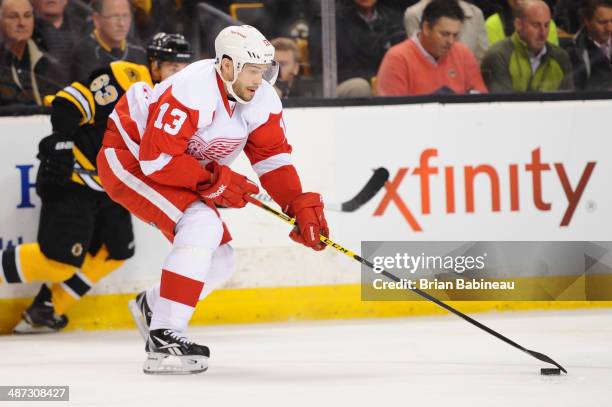 Pavel Datsyuk of the Detroit Red Wings skates against the Boston Bruins in Game Five of the First Round of the 2014 Stanley Cup Playoffs at TD Garden...