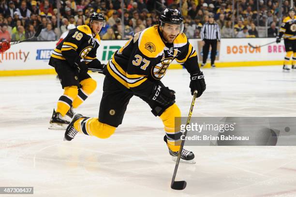Patrice Bergeron of the Boston Bruins skates against the Detroit Red Wings in Game Five of the First Round of the 2014 Stanley Cup Playoffs at TD...