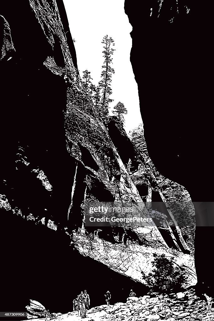 Group Of Hikers Exploring The Narrows. Zion National Park.